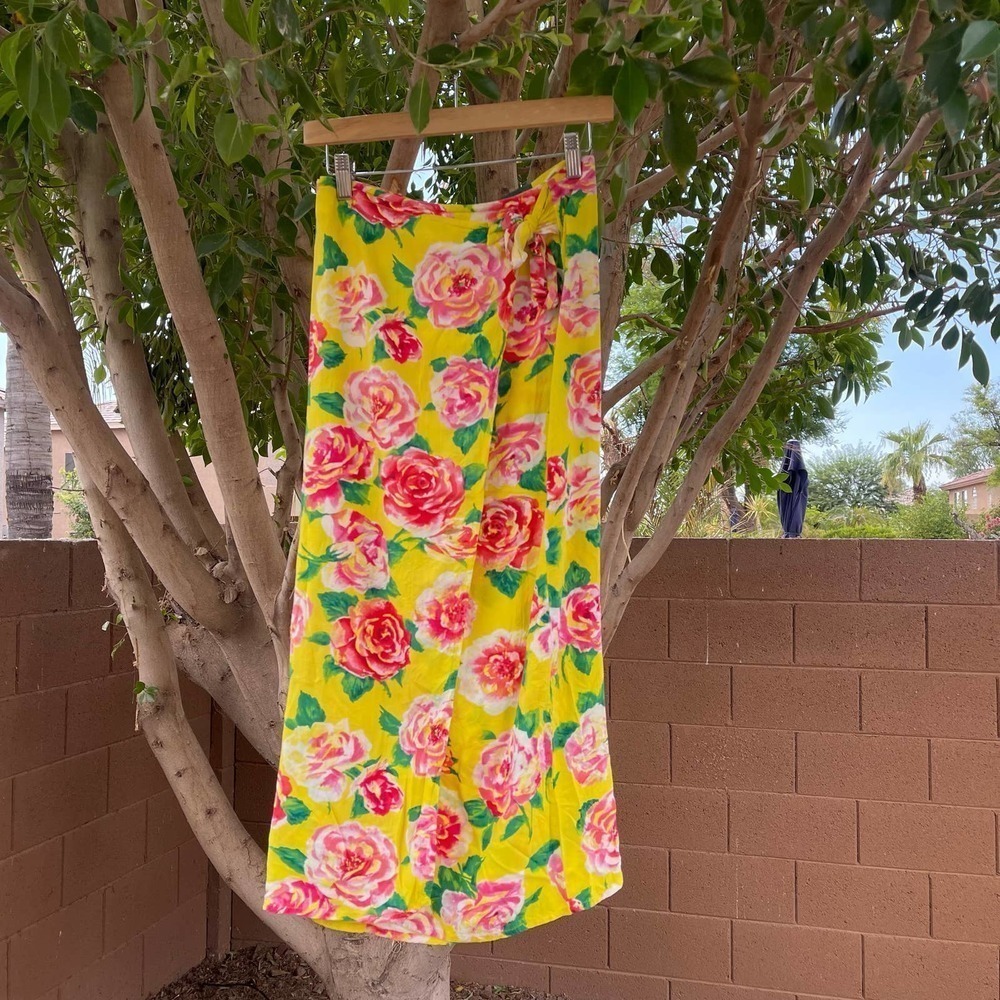Vintage Jams World Skirt Small Yellow Pink Floral Draped Maxi Rose Hawaiian